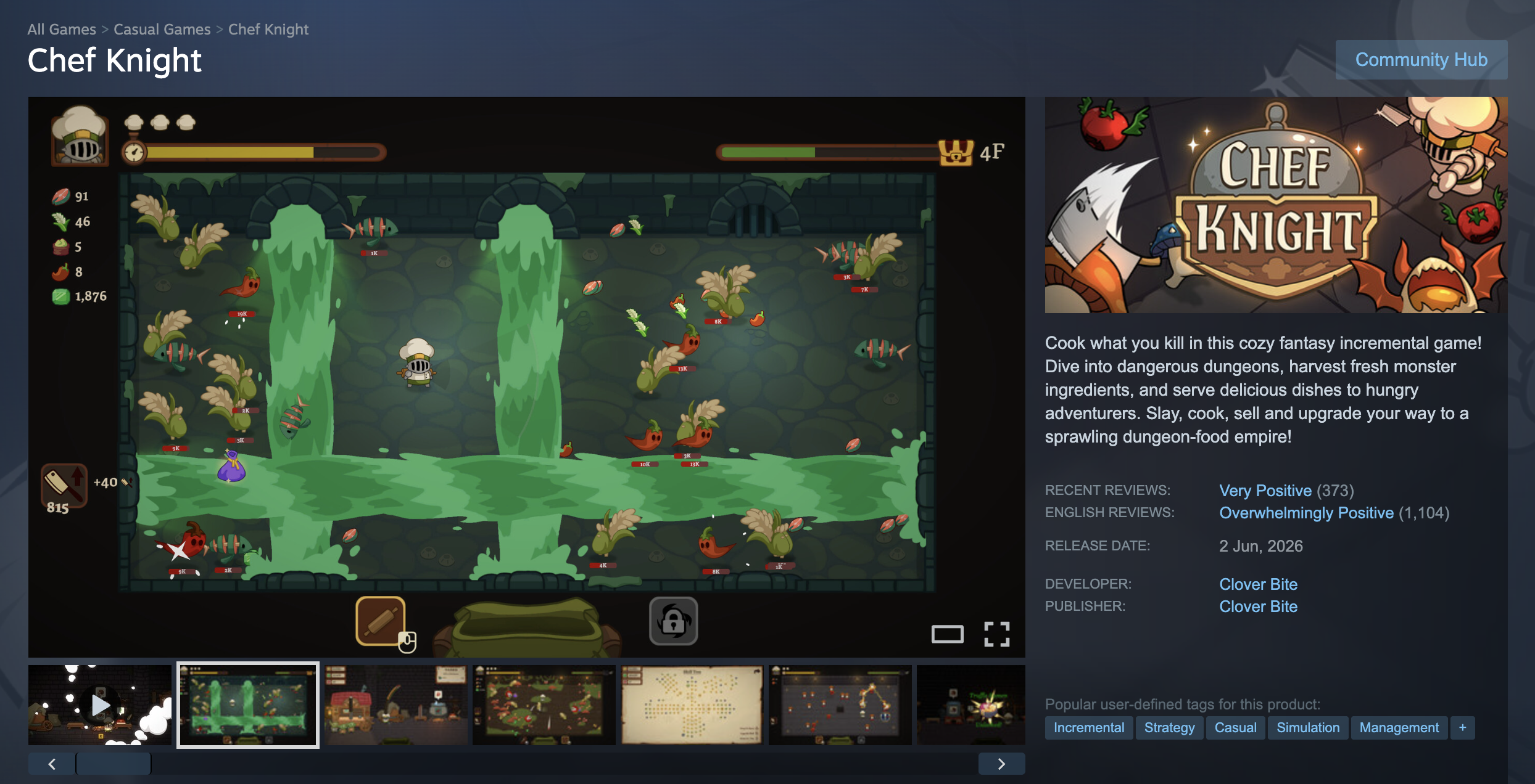 Chef Knight Steam store page showing 1,104 English reviews and an Overwhelmingly Positive rating