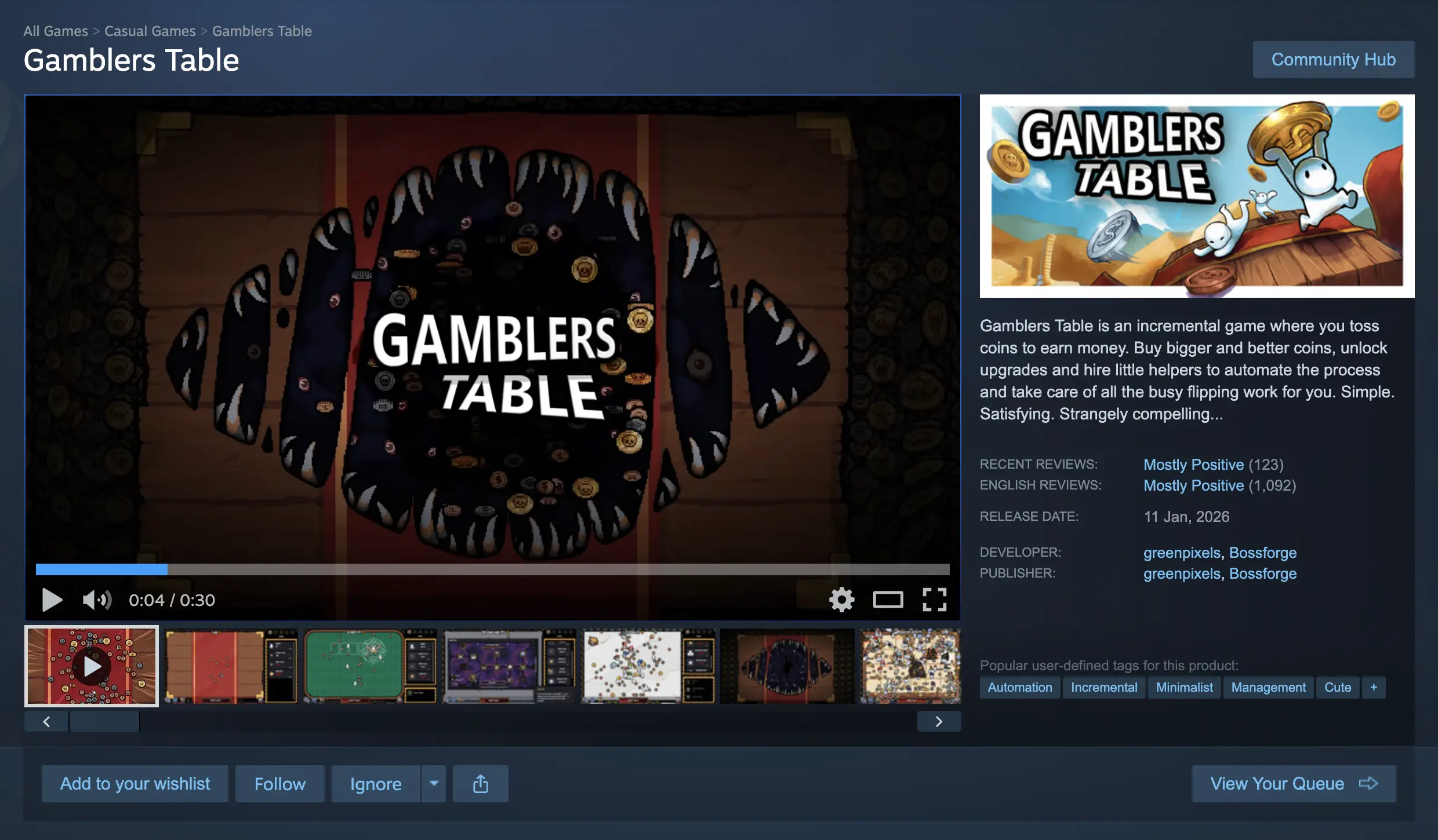 Gamblers Table Steam page in May 2026